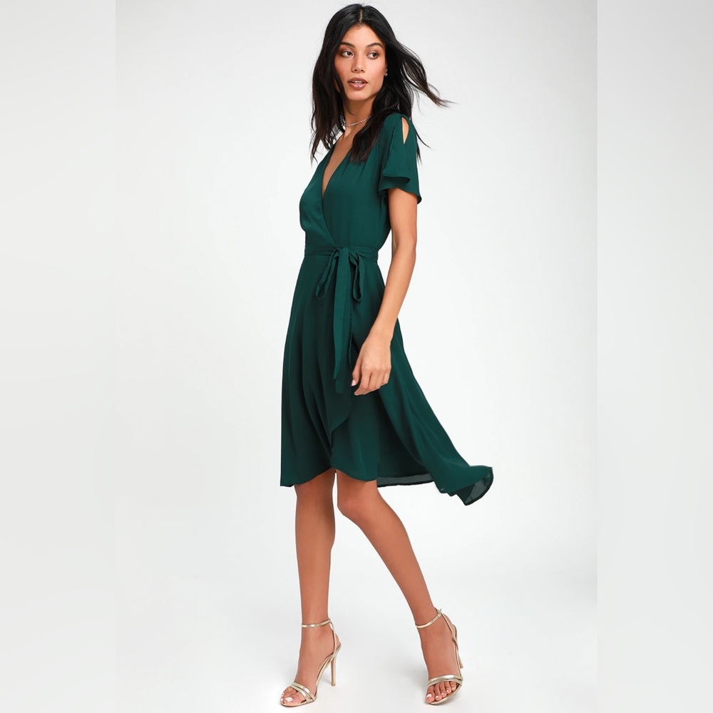 Lulu’s Rise to the Occasion Emerald Green Midi Wrap Dress